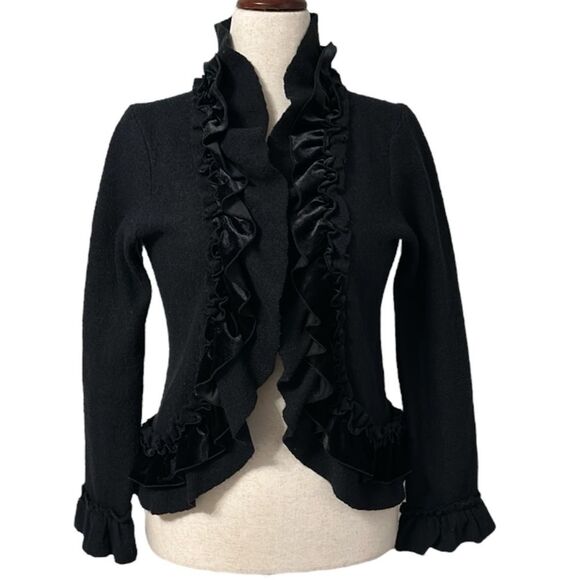 Madison Black Open Front Cardigan Sweater Women's Long Sleeve Ruffle Trim Size S - Picture 1 of 11